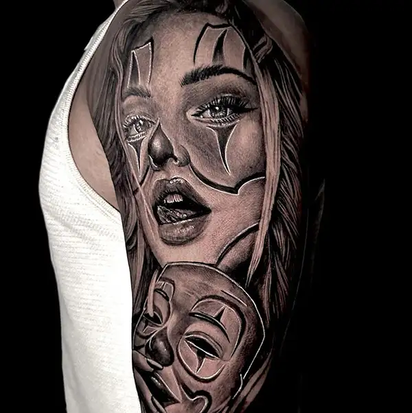 Chicana tattoo, created by a tattoo artist in Cancun, Mexico, showing cultural artistic style