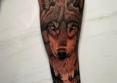Mystical Wolf Tattoo and details into the woods
