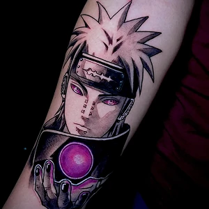 Blackwork and color tattoo on an arm featuring anime character Pain with purple eyes and facial piercings