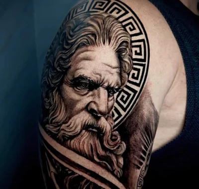 Detailed big black and grey tattoo of a bearded Greek god with a geometric halo on the upper arm.